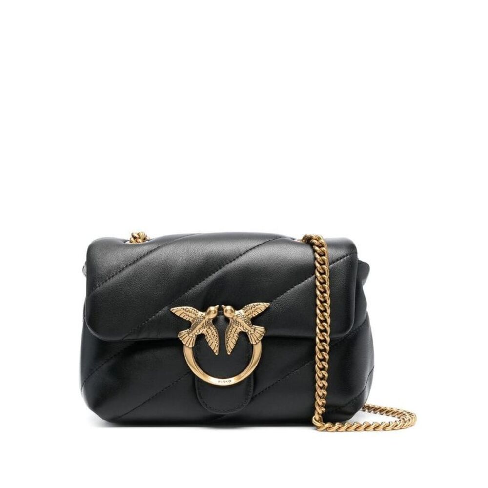 PINKO Love Birds Quilted Leather Shoulder Bag Women BLACK Crossbody